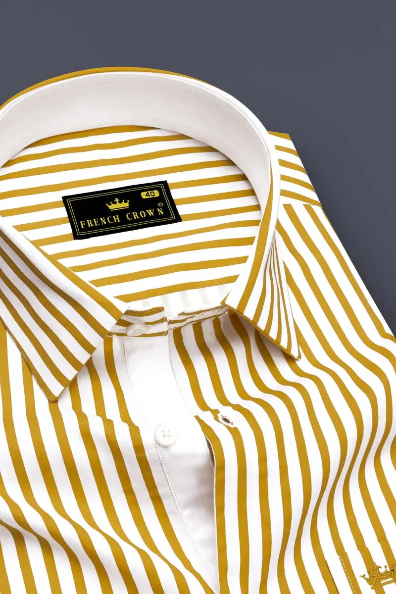 Terrasol-Ochre Yellow And Bright White Candy Striped Subtle Sheen Soft Premium Cotton Dress Shirt 2