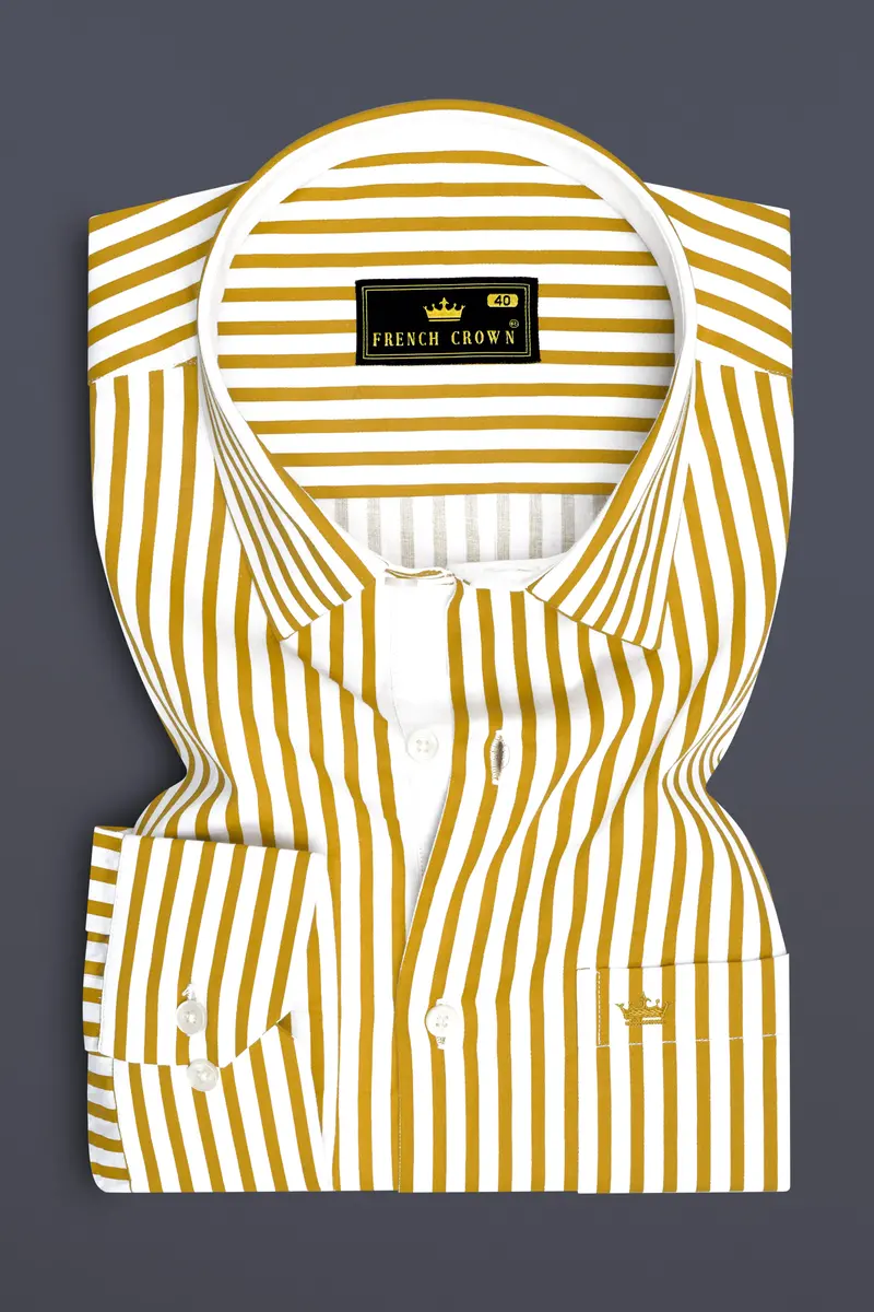 Terrasol-Ochre Yellow And Bright White Candy Striped Subtle Sheen Soft Premium Cotton Dress Shirt 4
