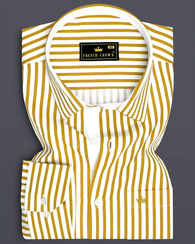 Terrasol-Ochre Yellow And Bright White Candy Striped Subtle Sheen Soft Premium Cotton Dress Shirt 6