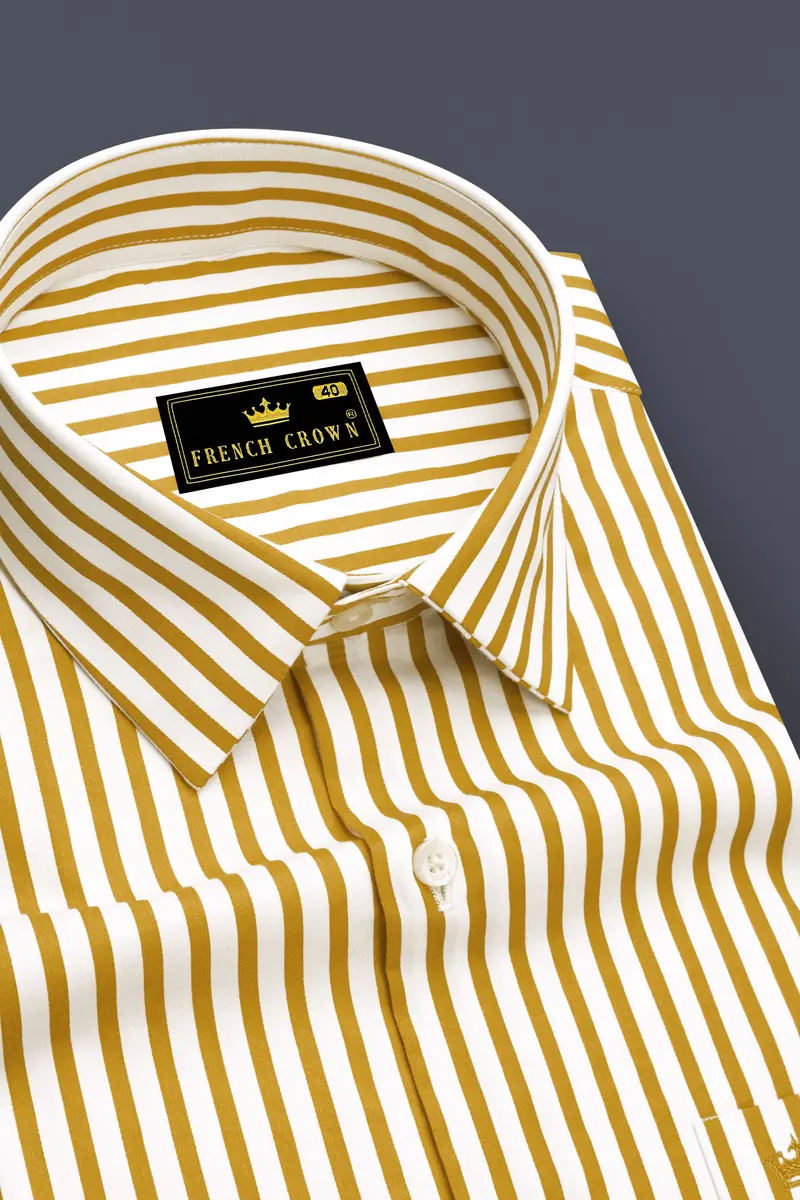 Terrasol-Ochre Yellow And Bright White Candy Striped Subtle Sheen Super Soft Premium Cotton Dress Shirt 2