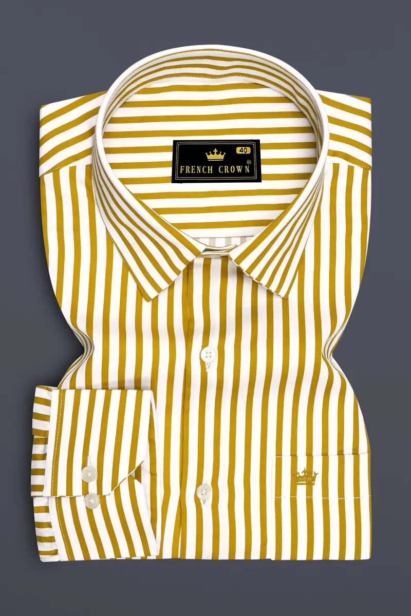 Terrasol-Ochre Yellow And Bright White Candy Striped Subtle Sheen Super Soft Premium Cotton Dress Shirt 4