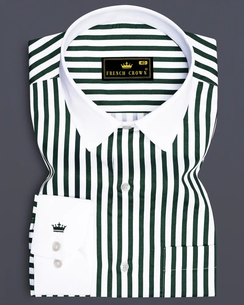 Thalvoro-Phthalo Green And Bright White Candy Striped Super Soft Premium Cotton Dress White Cuff Collar Shirt 1