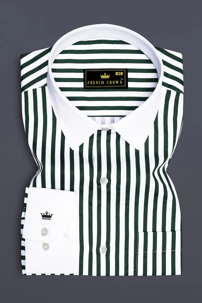Thalvoro-Phthalo Green And Bright White Candy Striped Super Soft Premium Cotton Dress White Cuff Collar Shirt 2