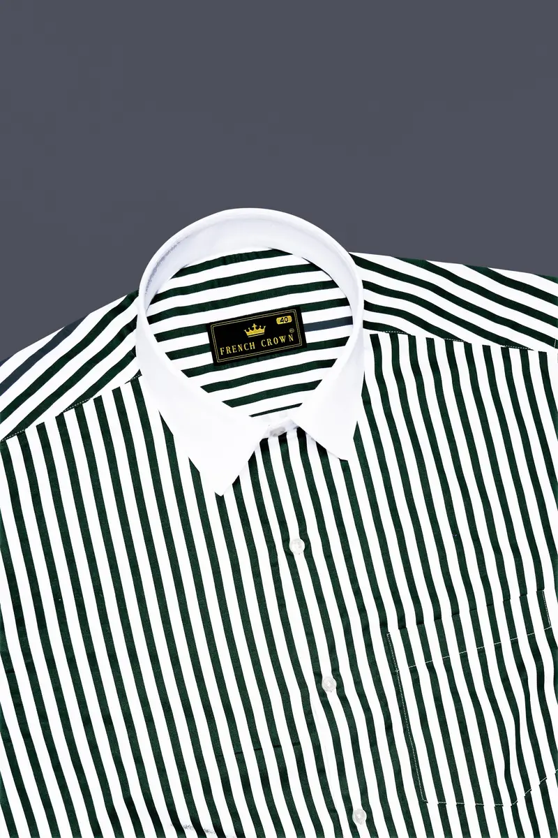 Thalvoro-Phthalo Green And Bright White Candy Striped Super Soft Premium Cotton Dress White Cuff Collar Shirt 5