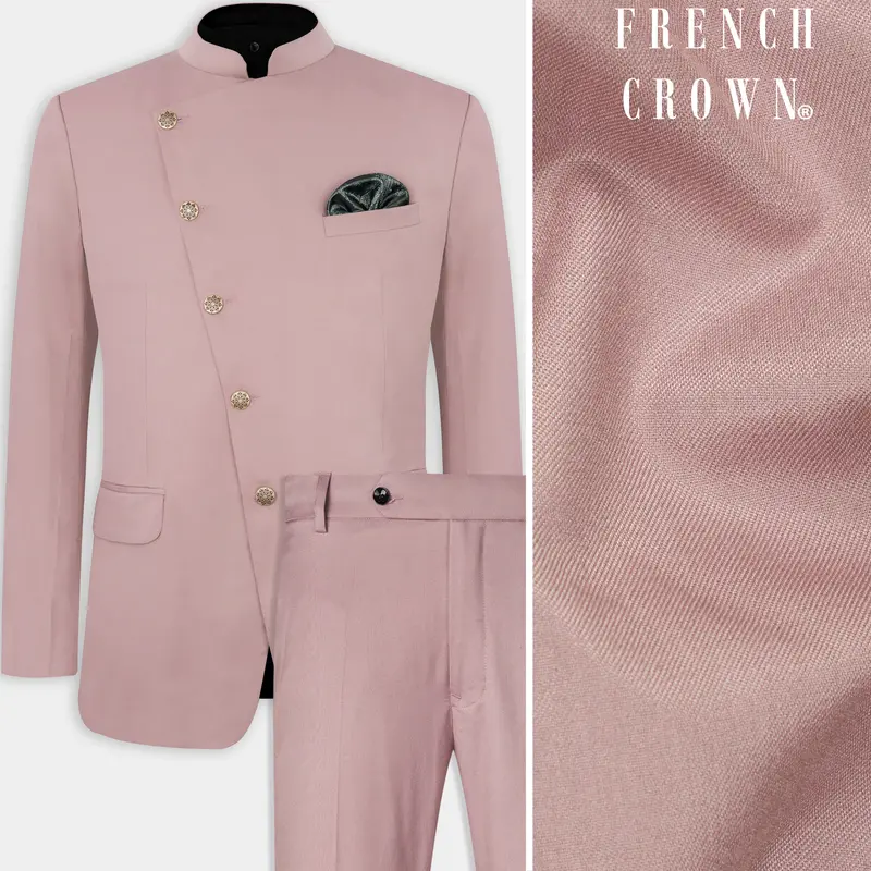 Thatch Light Pink Cross Placket Bandhgala Suit 1