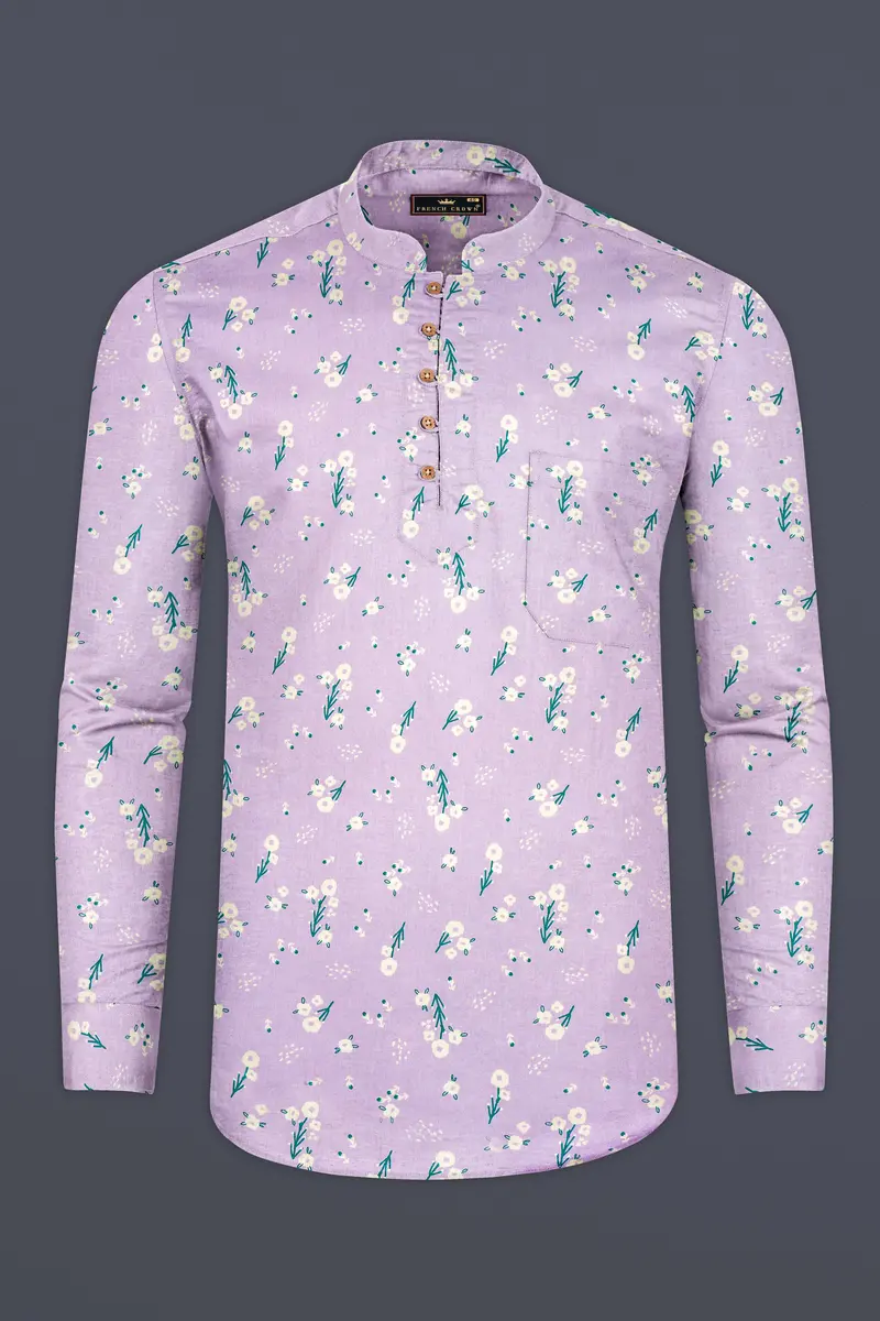 Thistle Pink Fountain Floral Printed Premium Tencel Kurta Shirt 5