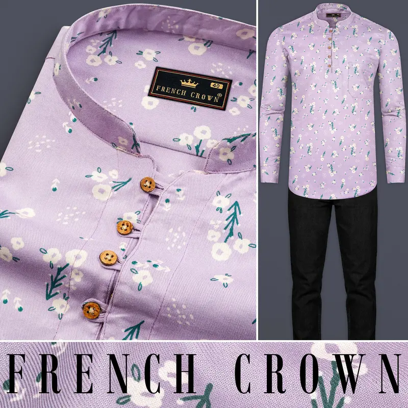 Thistle Pink Fountain Floral Printed Premium Tencel Kurta Shirt 8