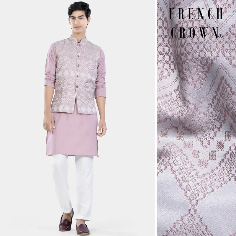 Thistle Pink Kurta Set With Blossom Pink Chevron Thread Embroidered Designer Nehru Jacket 1