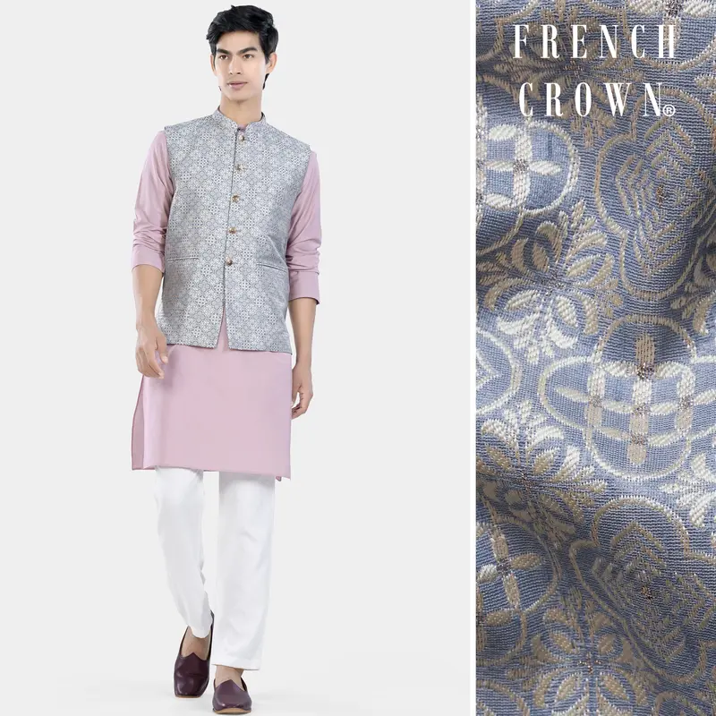 Thistle Pink Kurta Set With Cadet Blue And White Moroccan Jacquard Textured Designer Nehru Jacket 1