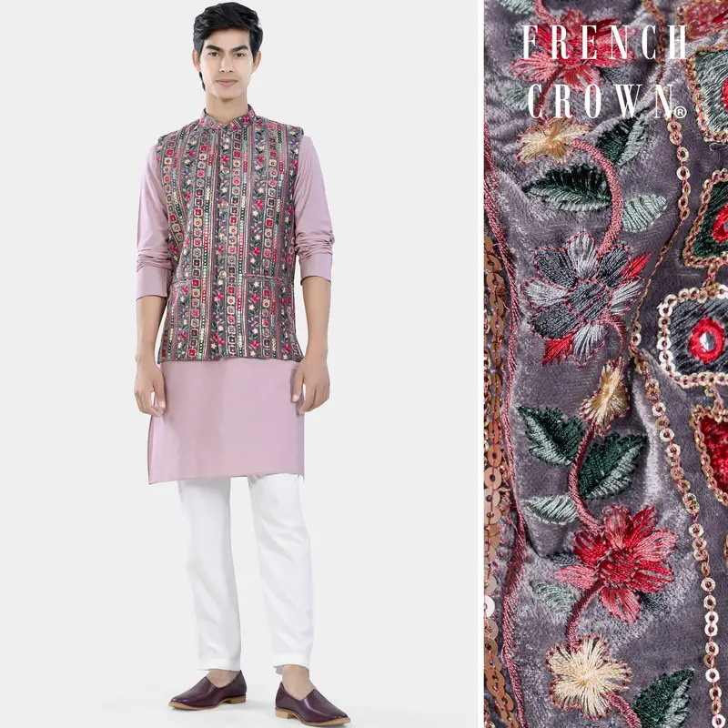 Thistle Pink Kurta Set With Fedora Gray And Carmine Pink Thread And Sequin Embroidered With Mirrorwork Designer Nehru Jacket 1