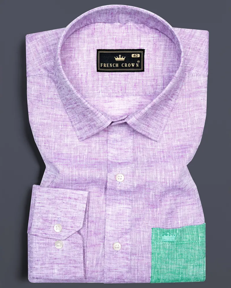 Thistle Purple With Green Pocket Luxurious Linen Designer Shirt 1
