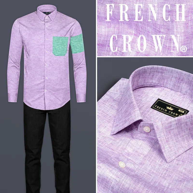 Thistle Purple With Green Pocket Luxurious Linen Designer Shirt 10