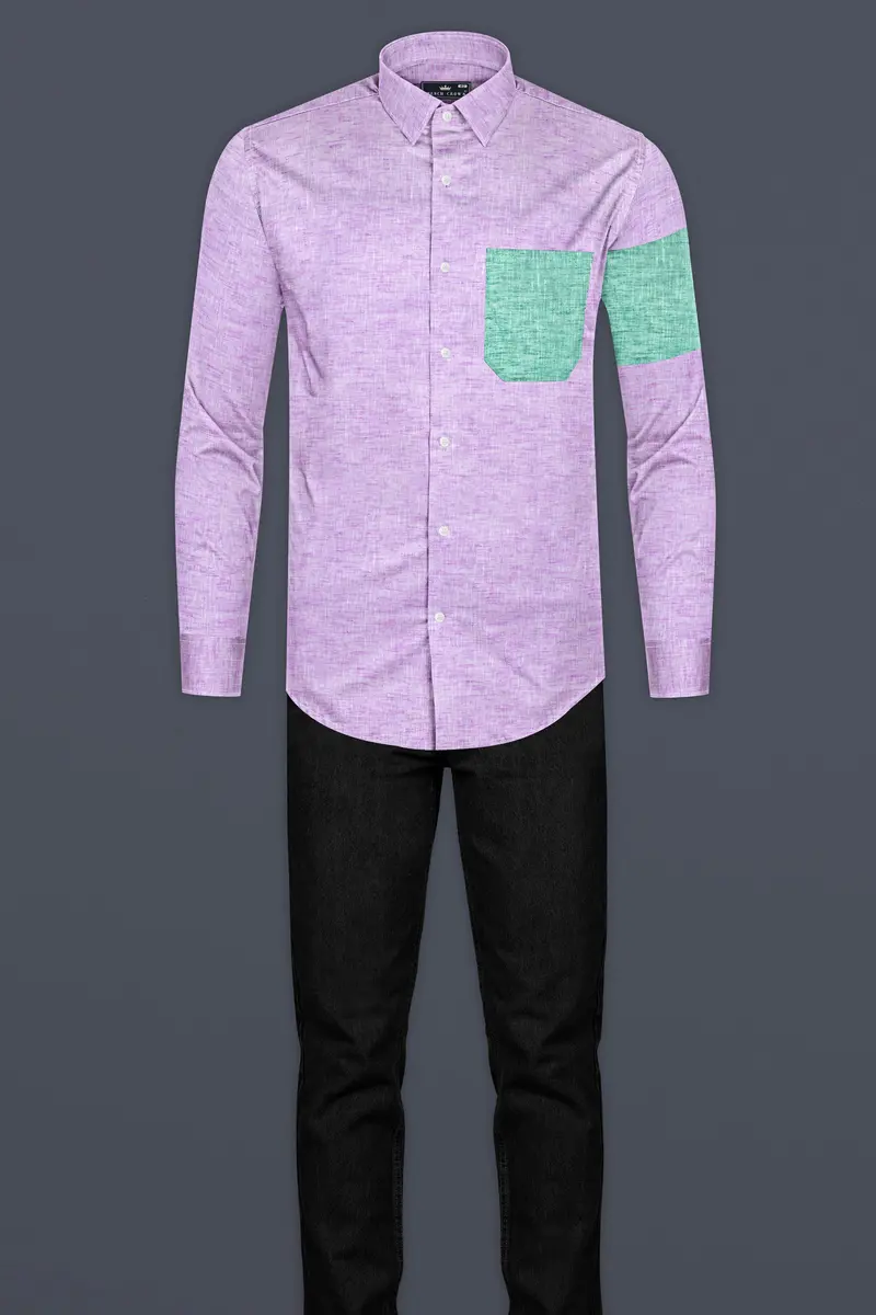 Thistle Purple With Green Pocket Luxurious Linen Designer Shirt 7