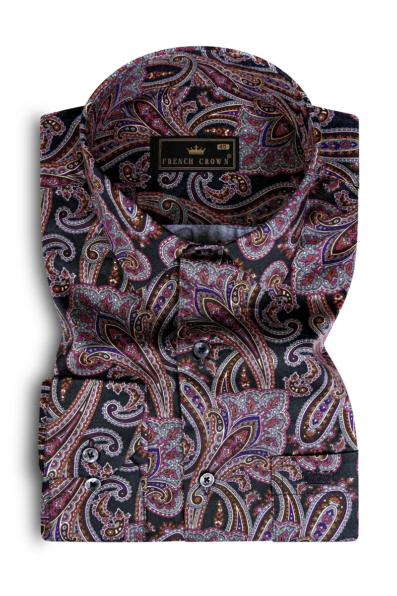 Thulian Pink And Jade Black Paisley Printed Subtle Sheen Super Soft Premium Cotton Shirt 11