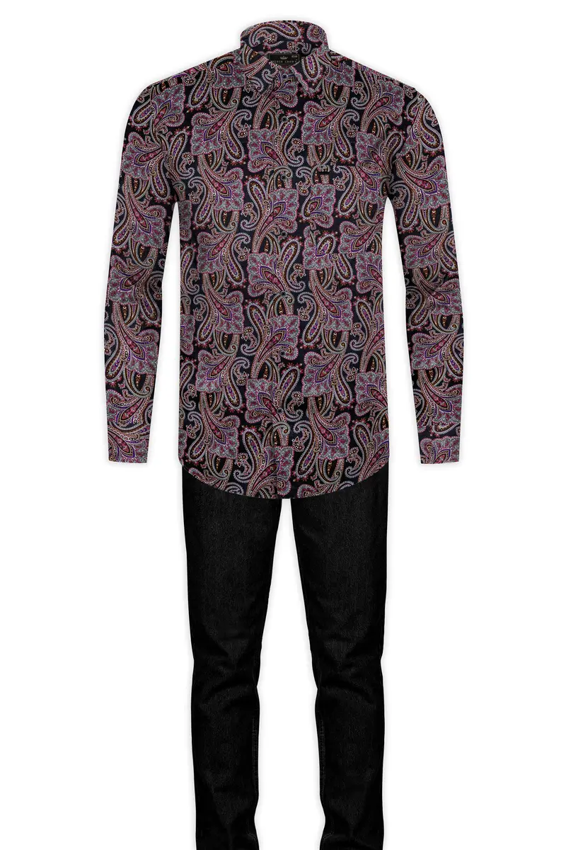 Thulian Pink And Jade Black Paisley Printed Subtle Sheen Super Soft Premium Cotton Shirt 14