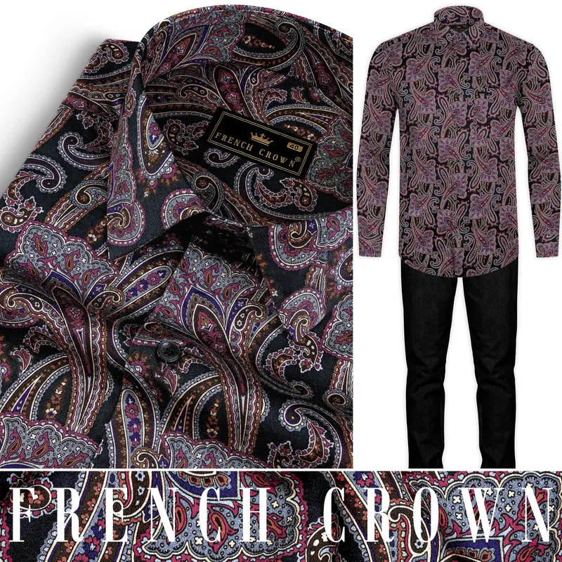 Thulian Pink And Jade Black Paisley Printed Subtle Sheen Super Soft Premium Cotton Shirt 16