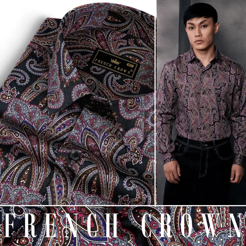Thulian Pink And Jade Black Paisley Printed Subtle Sheen Super Soft Premium Cotton Shirt 18