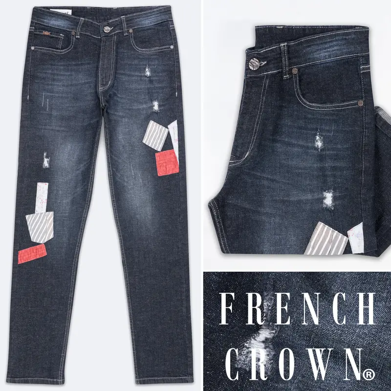 Thunder Black Mildly Distressed Patch Work Whiskering Wash Stretchable Denim 1