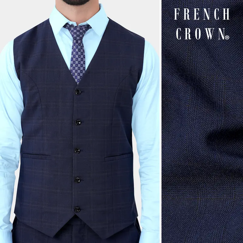 Thunder Blue Plaid Wool Rich Waistcoat 1