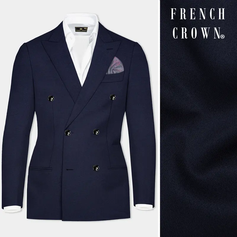Thunder Blue Solid Wool Blend Double Breasted Blazer 1