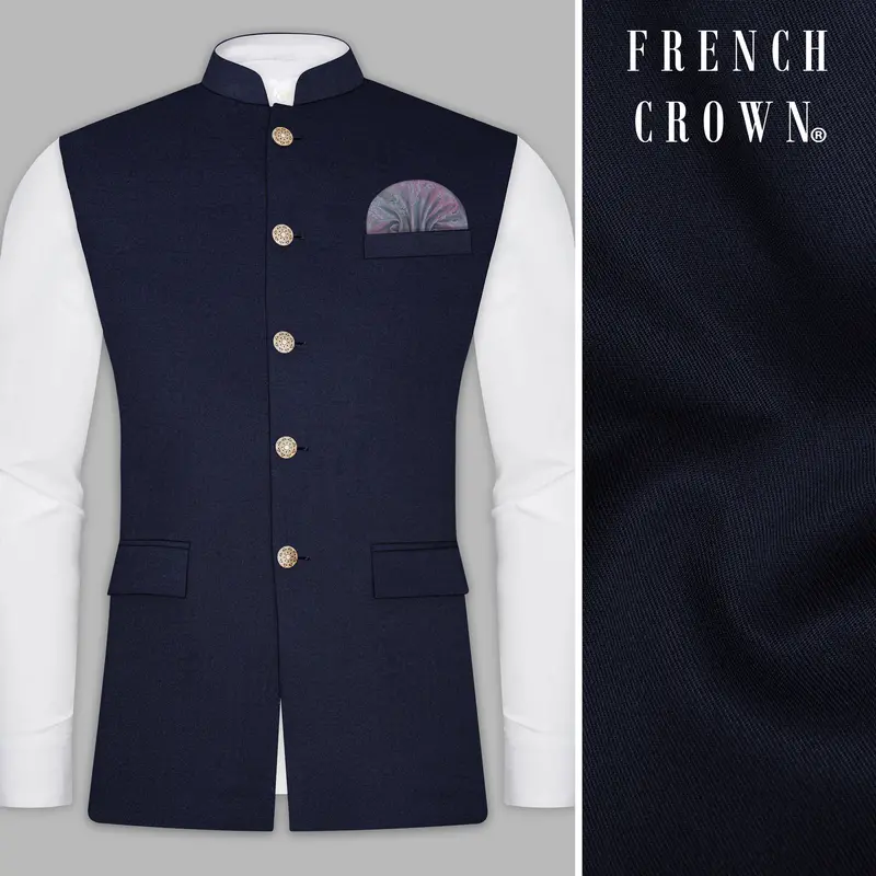 Thunder Blue Solid Wool Blend Nehru Jacket 1