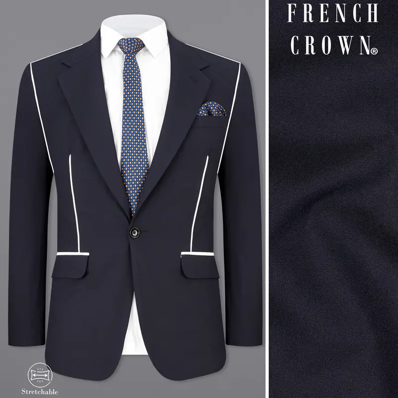 Thunder Blue With White Piping Work Single Breasted Stretchable Designer Traveler Blazer 1
