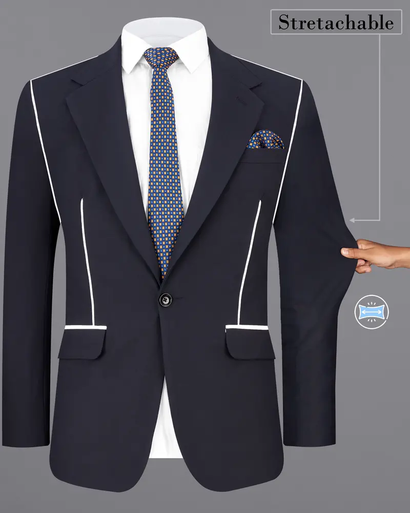 Thunder Blue With White Piping Work Single Breasted Stretchable Designer Traveler Blazer 2