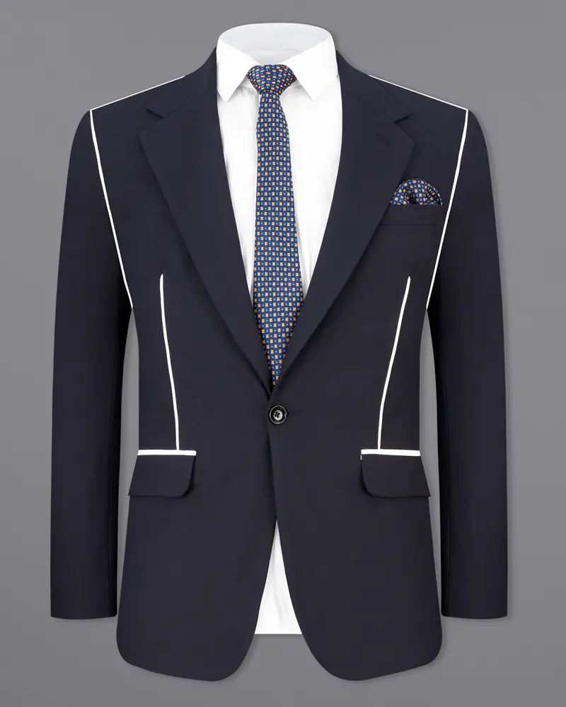 Thunder Blue With White Piping Work Single Breasted Stretchable Designer Traveler Blazer 7