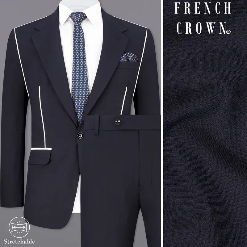 Thunder Blue With White Piping Work Single Breasted Stretchable Designer Traveler Suit 1