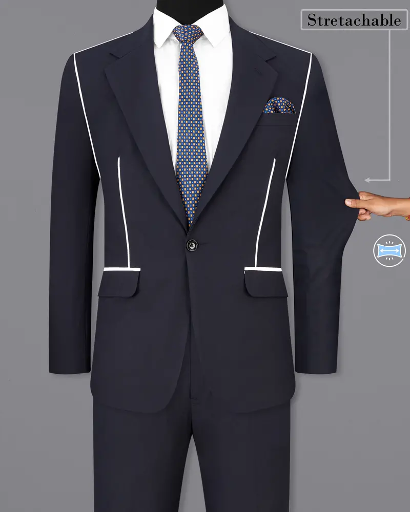 Thunder Blue With White Piping Work Single Breasted Stretchable Designer Traveler Suit 2