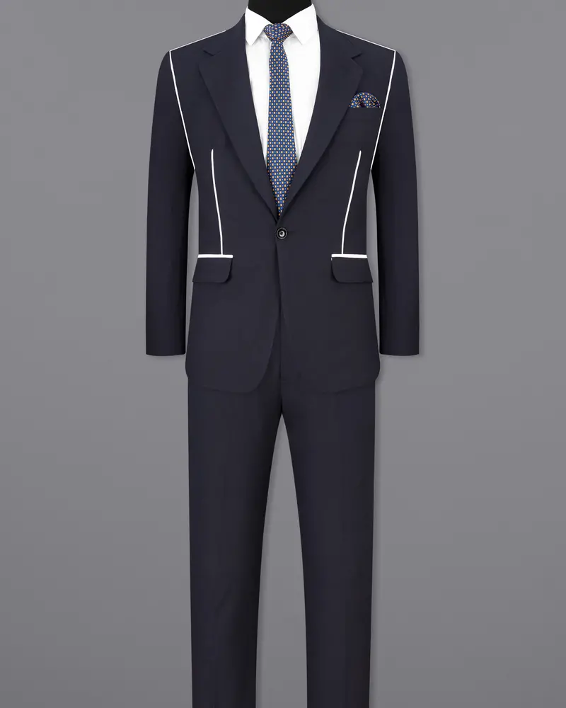 Thunder Blue With White Piping Work Single Breasted Stretchable Designer Traveler Suit 4
