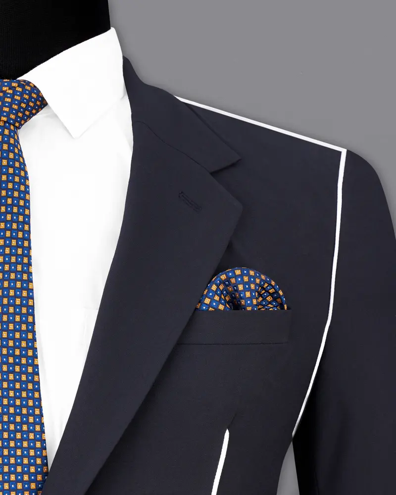 Thunder Blue With White Piping Work Single Breasted Stretchable Designer Traveler Suit 7
