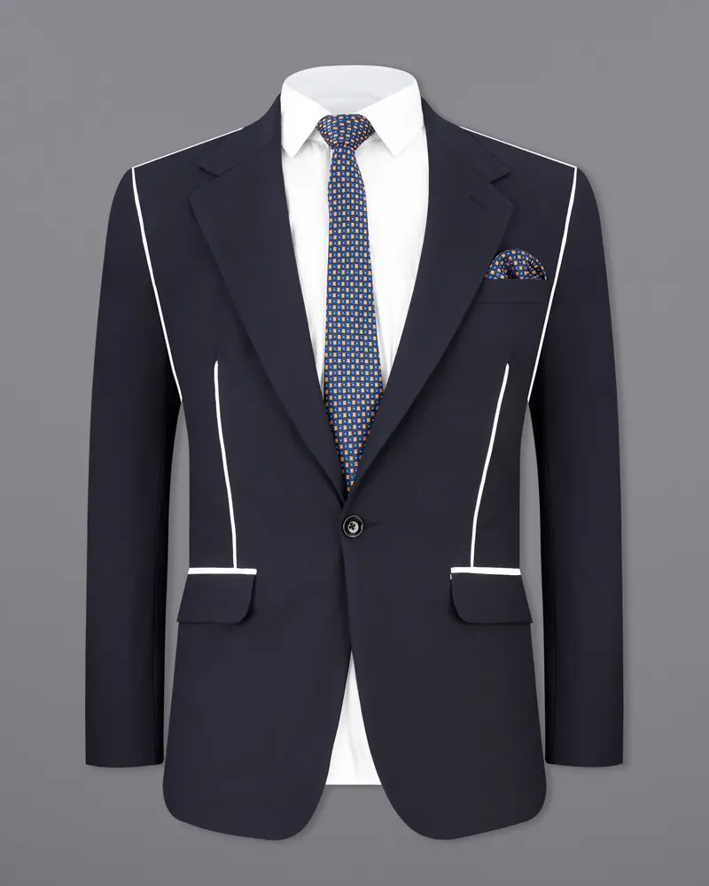 Thunder Blue With White Piping Work Single Breasted Stretchable Designer Traveler Suit 9