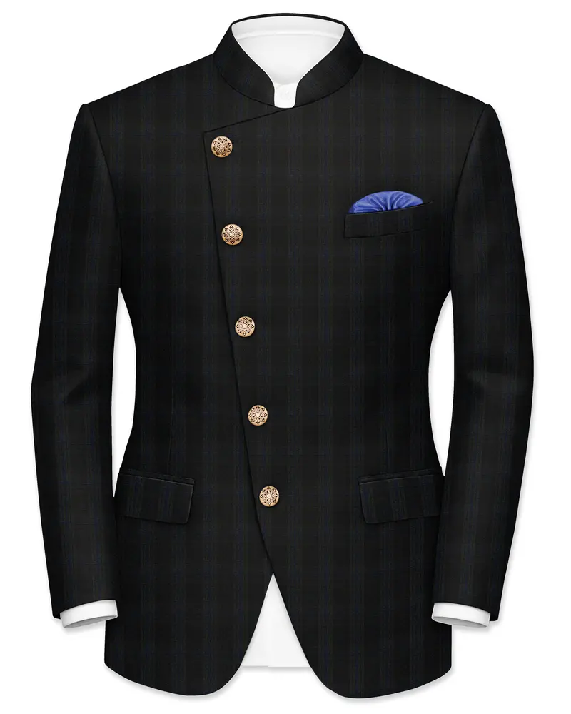Thunder Brown Plaid Cross Placket Bandhgala Wool Rich Blazer 1