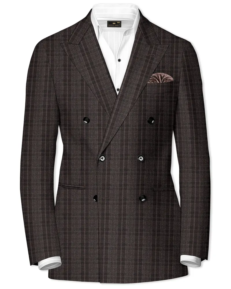 Thunder Brown Plaid Tweed Double Breasted Blazer 1