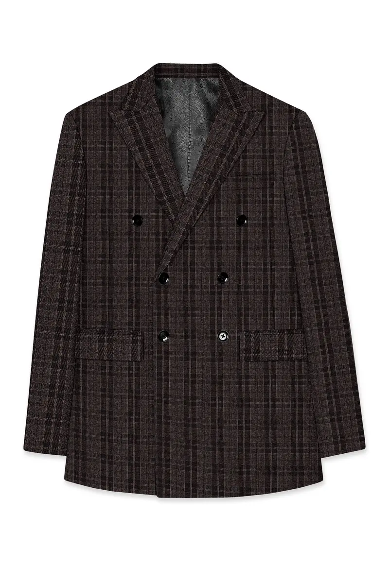 Thunder Brown Plaid Tweed Double Breasted Blazer 7