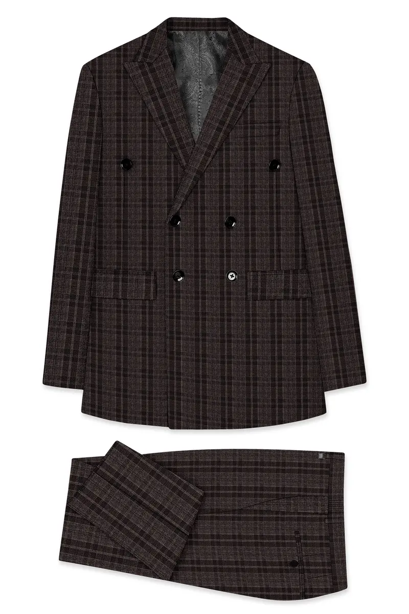 Thunder Brown Plaid Tweed Double Breasted Suit 11