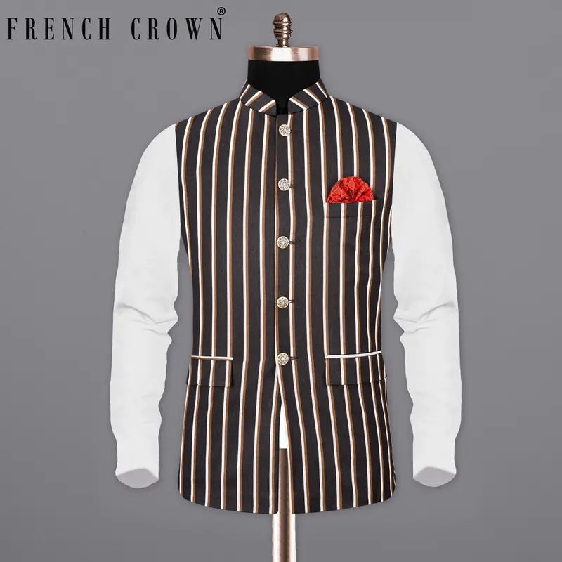 Thunder Brown Striped Nehru Jacket 1