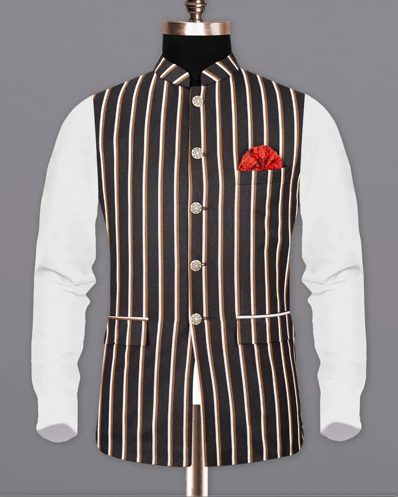 Thunder Brown Striped Nehru Jacket 2