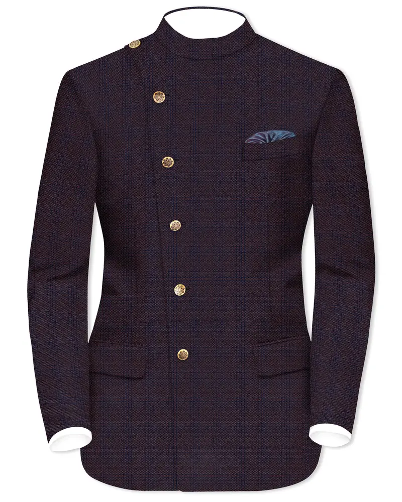 Thunder Brown Subtle Checkered Woolrich Cross Placket Bandhgala Blazer 1