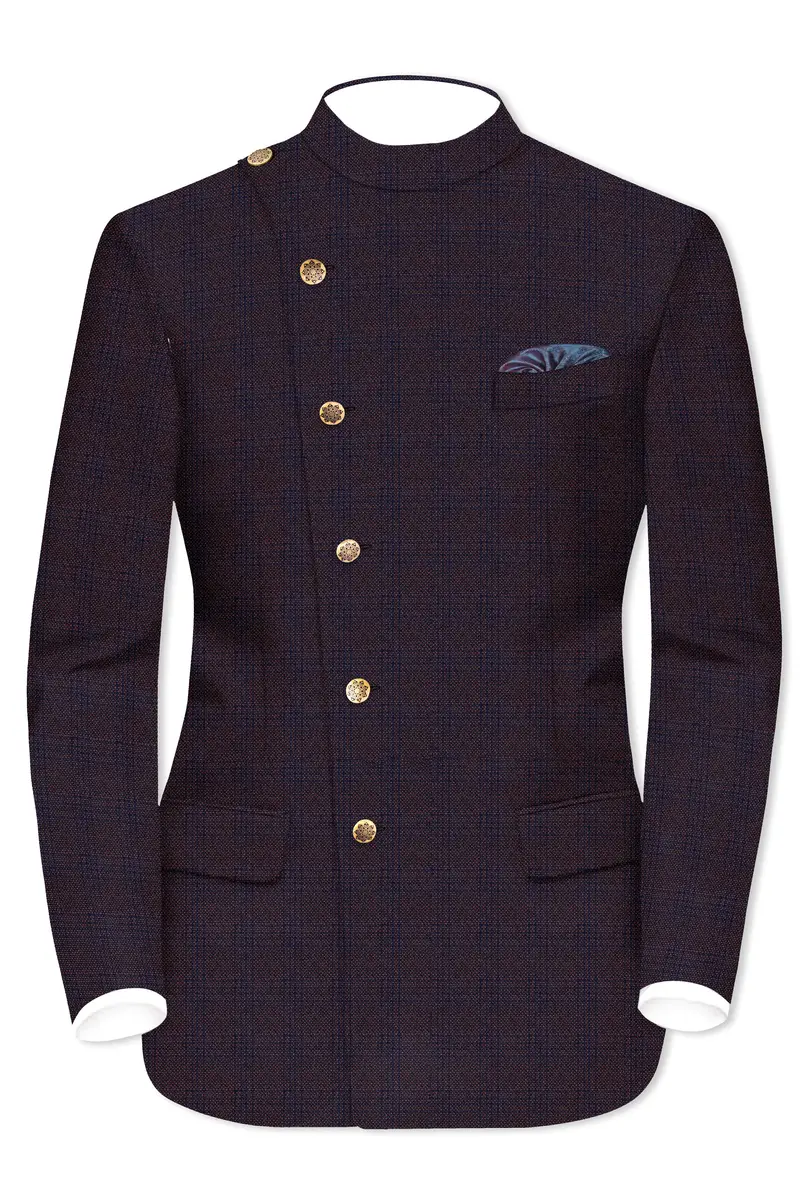 Thunder Brown Subtle Checkered Woolrich Cross Placket Bandhgala Blazer 2