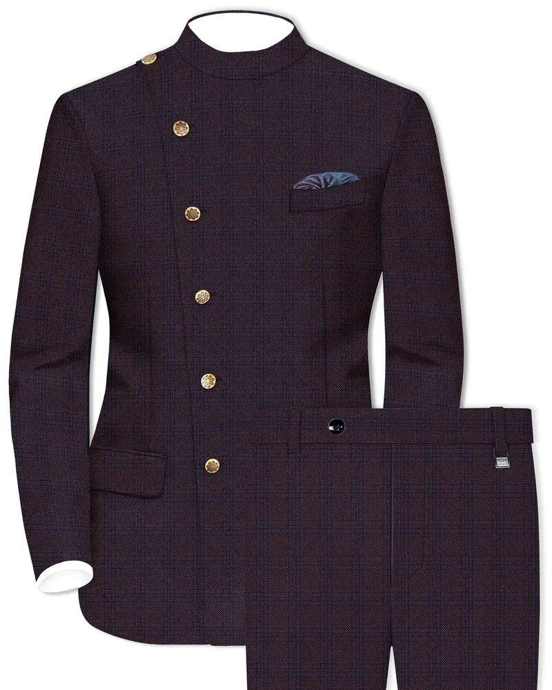 Thunder Brown Subtle Checkered Woolrich Cross Placket Bandhgala Suit 1