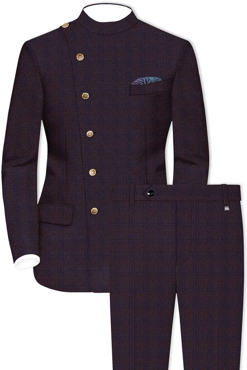 Thunder Brown Subtle Checkered Woolrich Cross Placket Bandhgala Suit 2