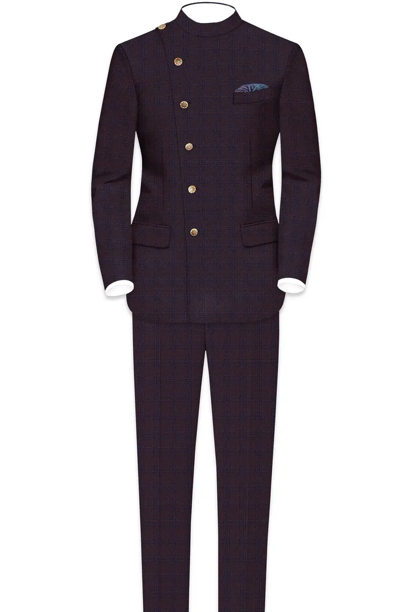 Thunder Brown Subtle Checkered Woolrich Cross Placket Bandhgala Suit 4