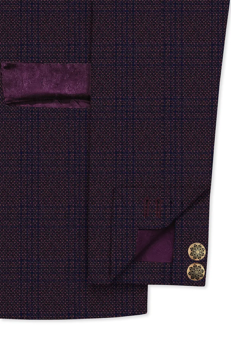 Thunder Brown Subtle Checkered Woolrich Cross Placket Bandhgala Suit 5