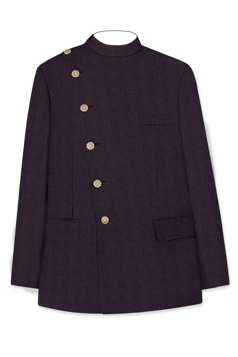 Thunder Brown Subtle Checkered Woolrich Cross Placket Bandhgala Suit 7