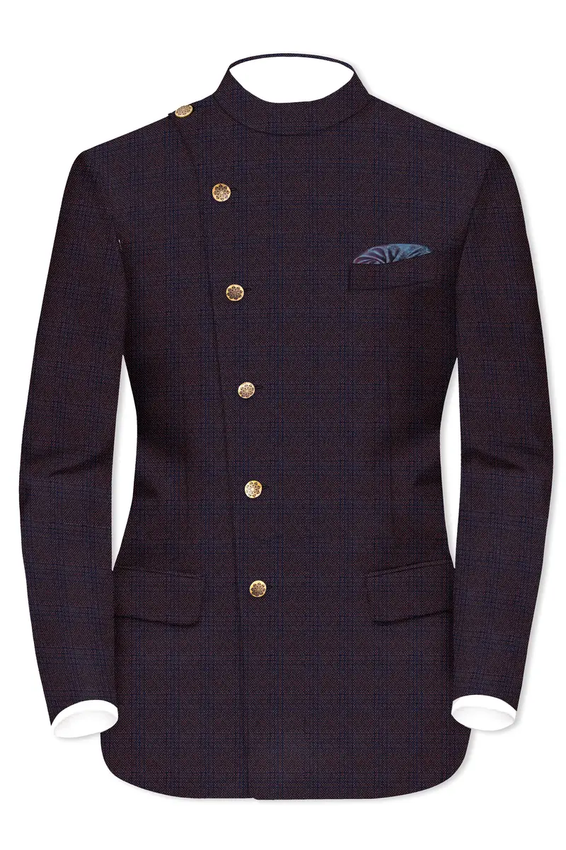 Thunder Brown Subtle Checkered Woolrich Cross Placket Bandhgala Suit 9