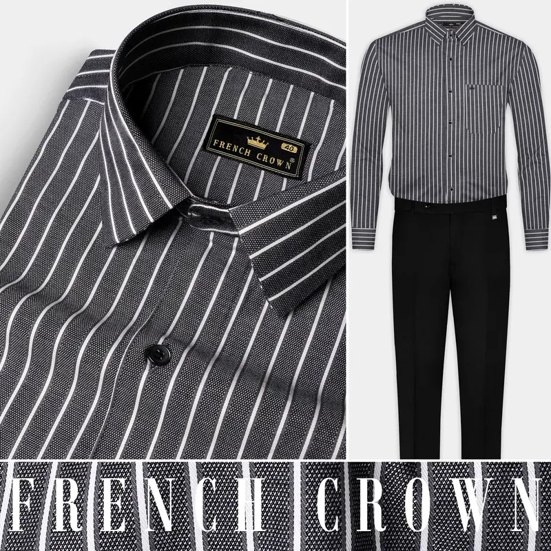 Thunder Gray And Bright White Striped Dobby Textured Premium Giza Cotton Shirt 10