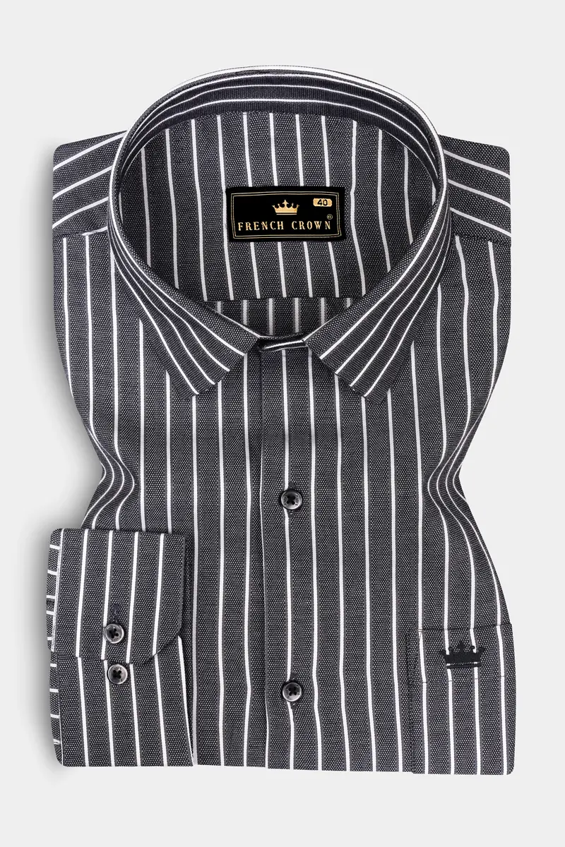 Thunder Gray And Bright White Striped Dobby Textured Premium Giza Cotton Shirt 3