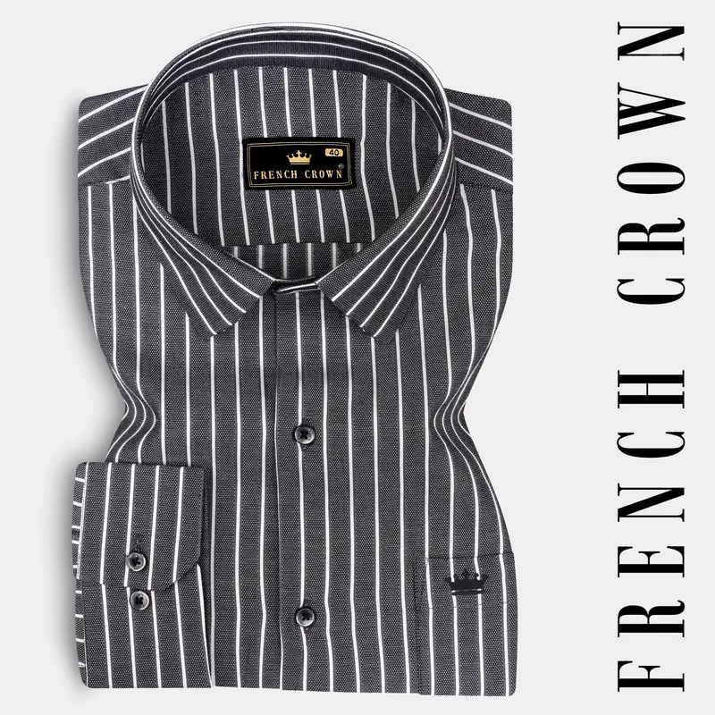 Thunder Gray And Bright White Striped Dobby Textured Premium Giza Cotton Shirt 7